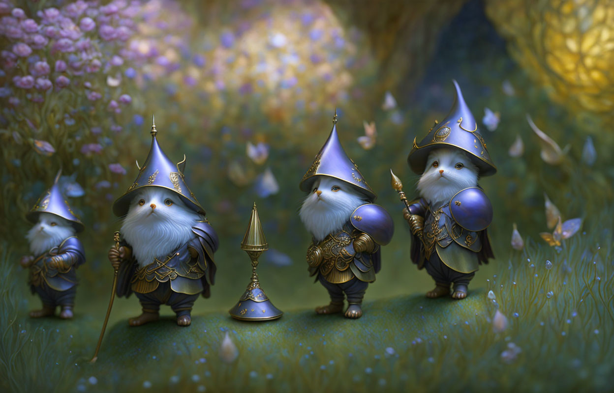 Whimsical armored gnome-like creatures with lantern and orb in enchanted forest