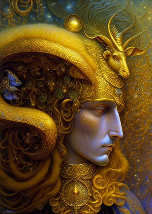 Golden portrait of solemn figure with intricate ram's head headgear.