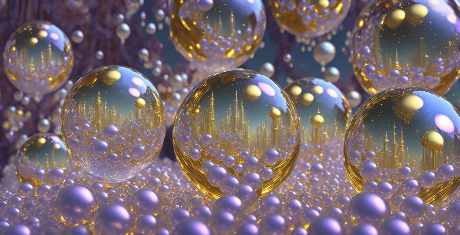 Golden and Purple Reflective Spheres on Textured Surface