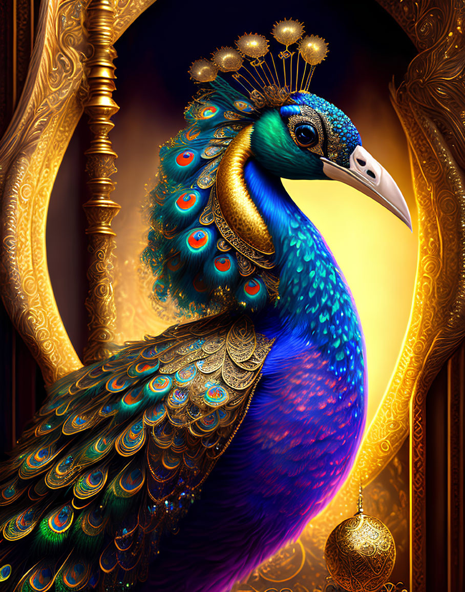 Regal peacock digital artwork with detailed crown in ornate golden frame