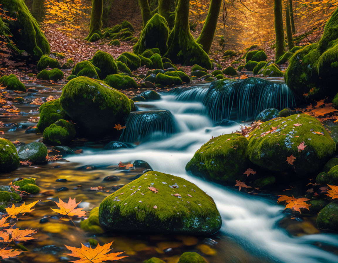 Tranquil forest stream with moss-covered stones and autumn leaves in vibrant fall colors