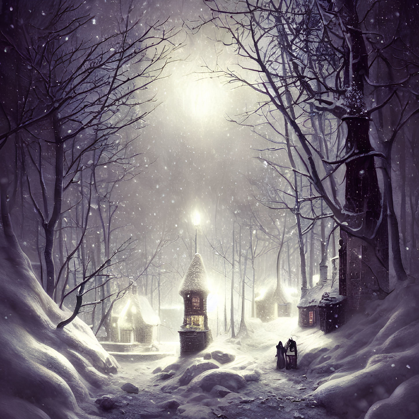Snow-covered village with glowing streetlamp in serene wintry twilight