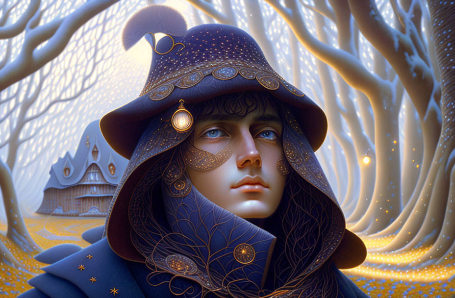 Stylized portrait of person in blue hat and cloak against monochromatic forest