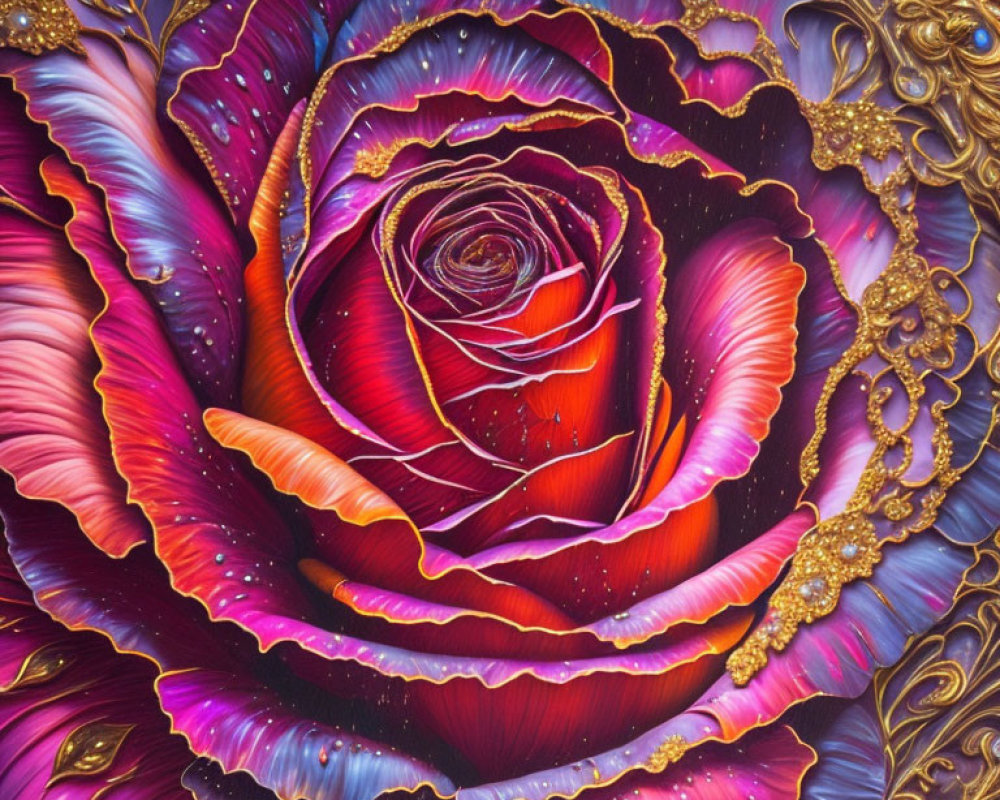 Colorful Stylized Rose Art with Golden Accents