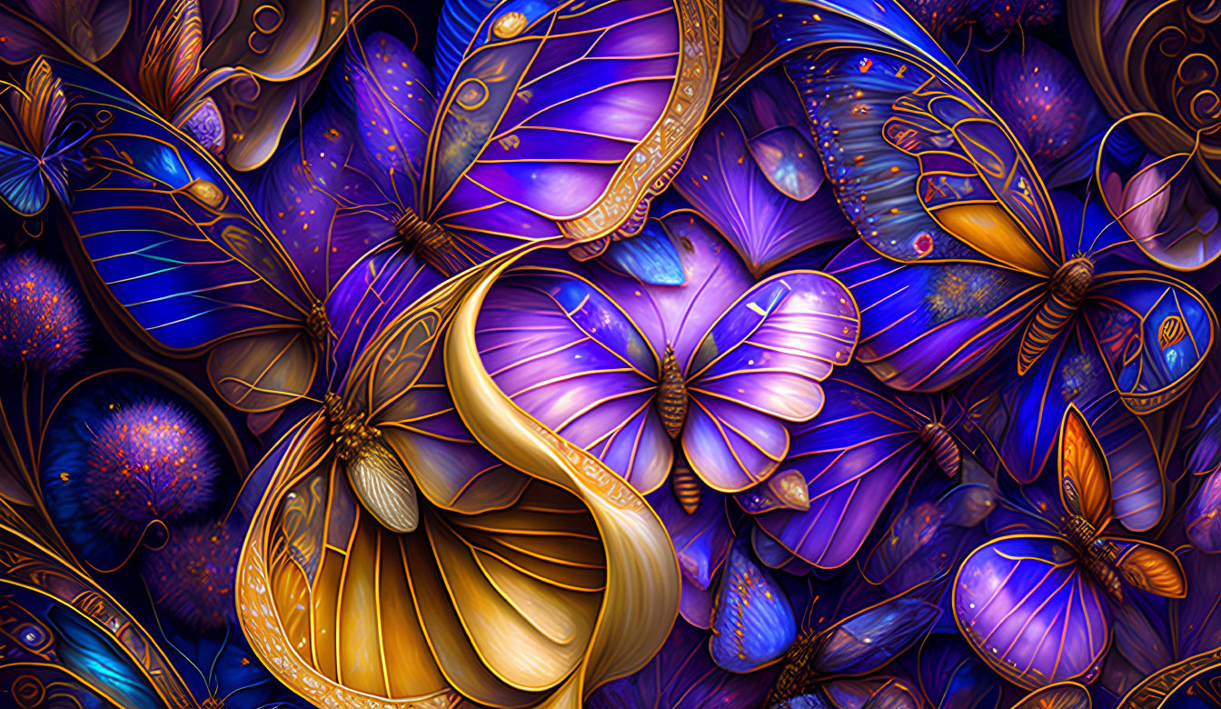 Colorful Butterfly Digital Art in Blue and Purple Against Cosmic Background