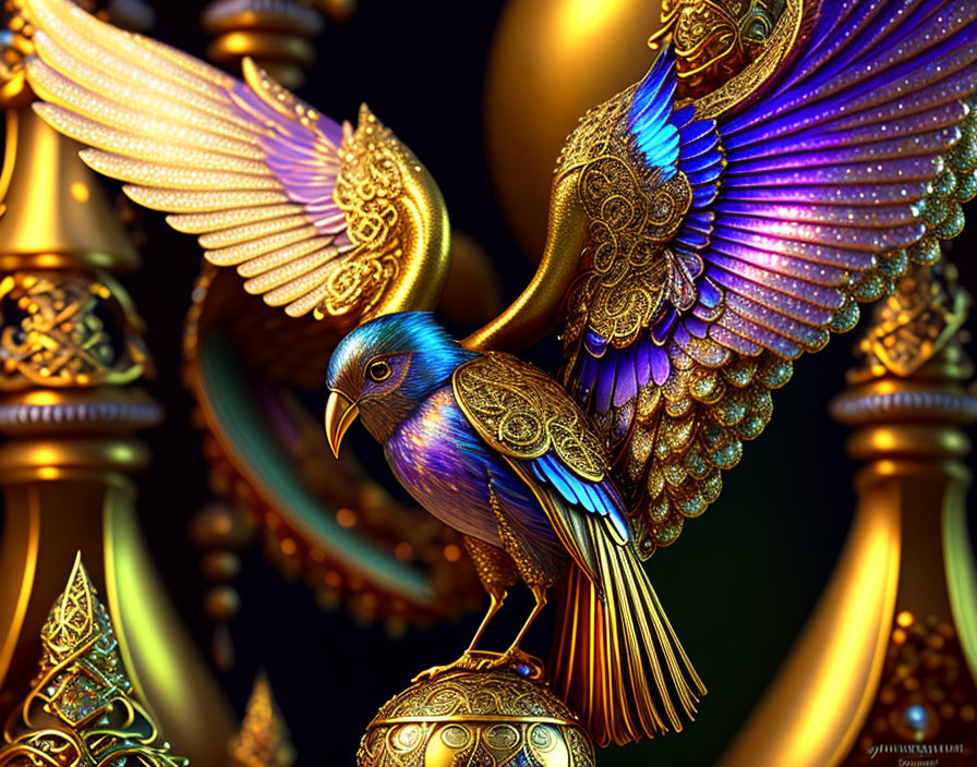 Stylized bird with ornate gold and jewel-toned wings in a vibrant digital artwork