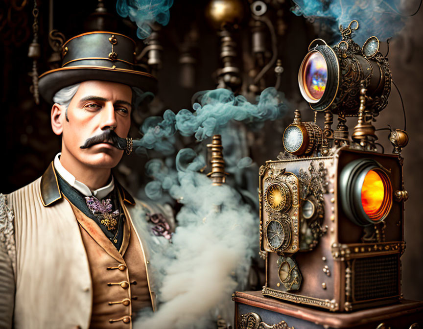 Victorian-era gentleman with top hat and steampunk contraption