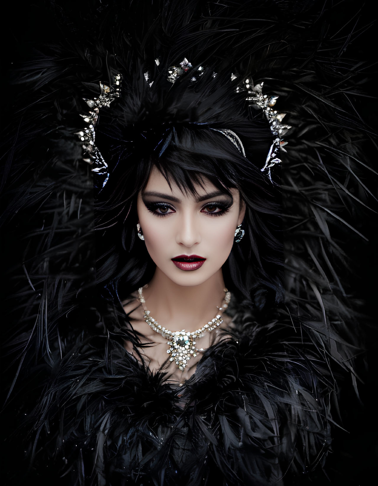 Dark Makeup and Feathered Headpiece with Jewels for a Gothic, Elegant Look