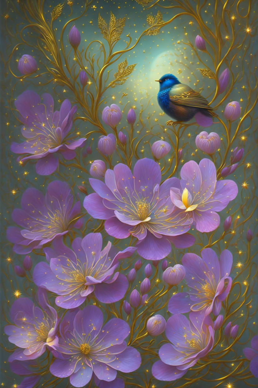 Vibrant blue bird with purple flowers and golden branches on glowing blue backdrop
