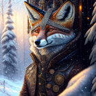 Regal fox in ornate attire against snowy forest landscape