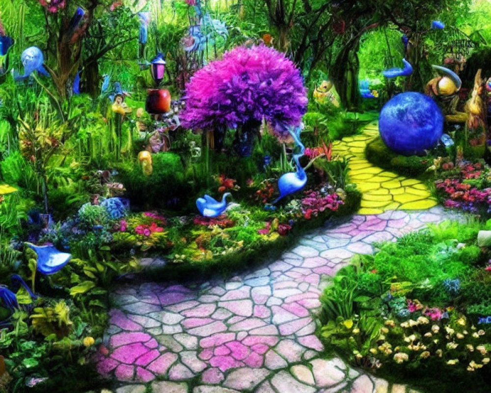 Colorful Flora and Fantastical Elements in Vibrant Garden