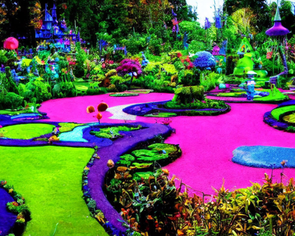Colorful Garden with Pink Paths, Greenery, Sculptures, & Flowers