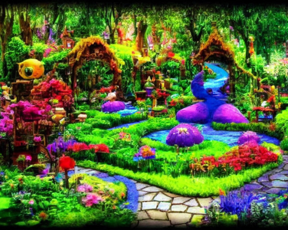 Colorful Fantasy Garden with Whimsical Plants and Cobblestone Path