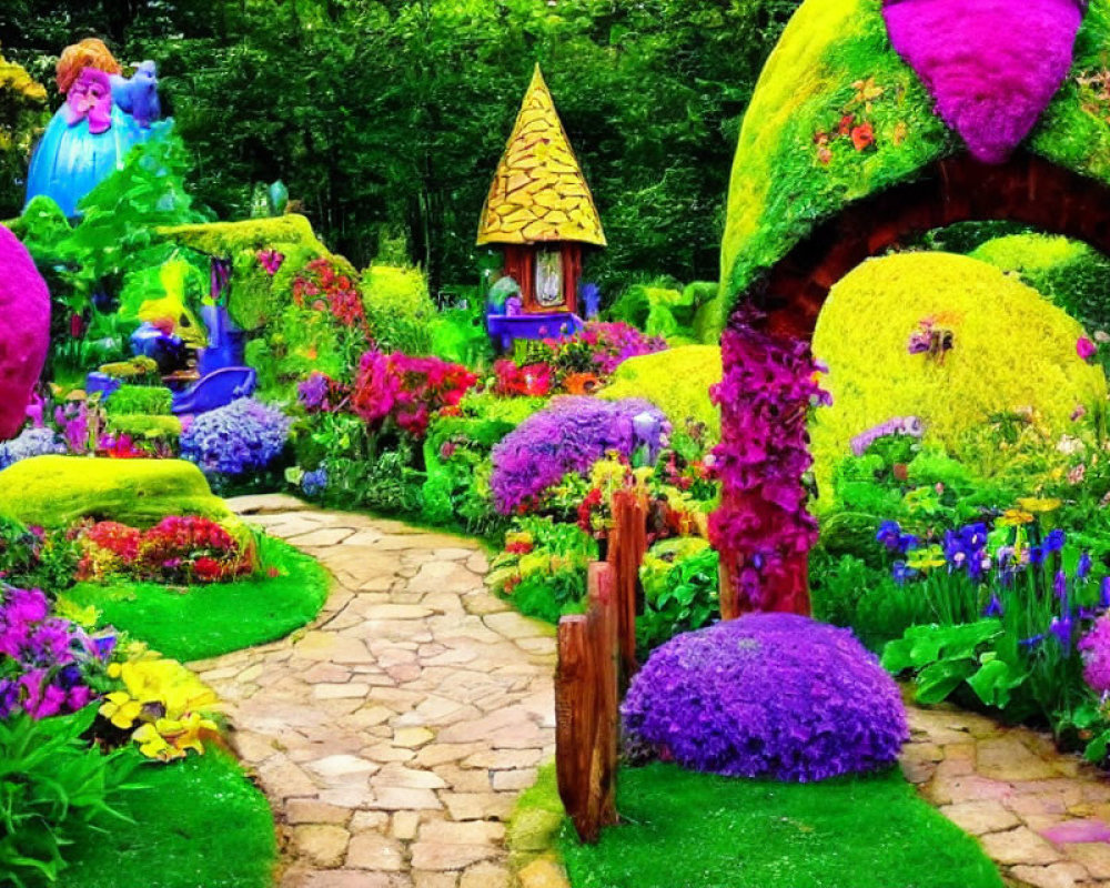 Colorful Flower Garden with Moss-Covered Structures and Fairy-Tale Theme