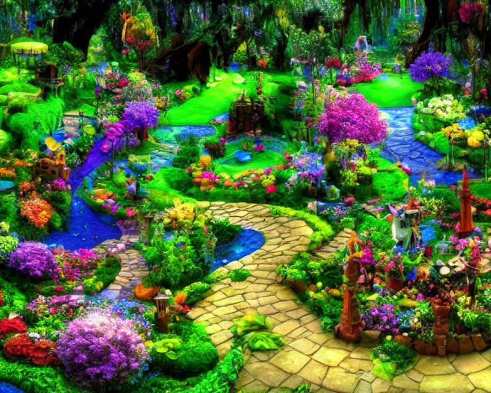 Lush multicolored flower garden with stone path and whimsical structures