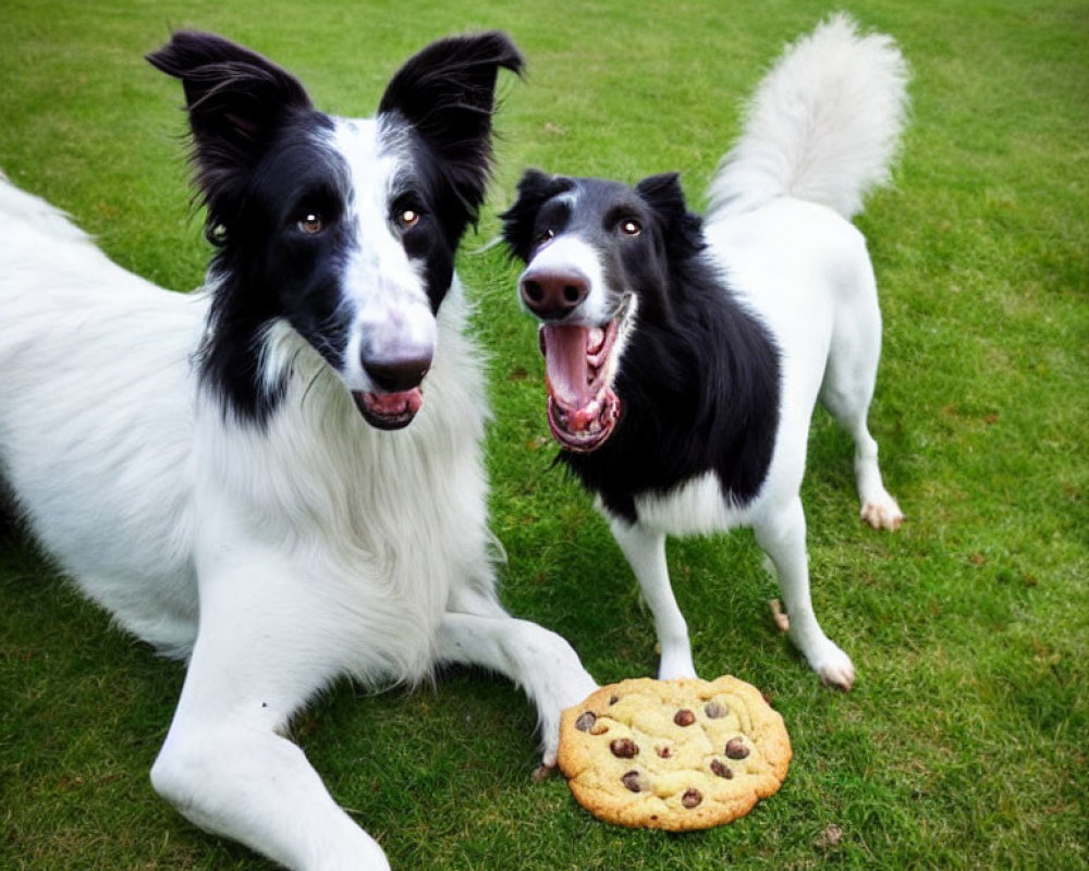 Two Border Collies with a large cookie on grass, one sitting and one standing