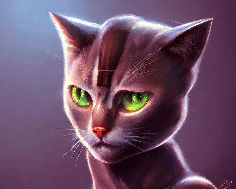 Anthropomorphic cat digital art: green-eyed and contemplative on purple backdrop