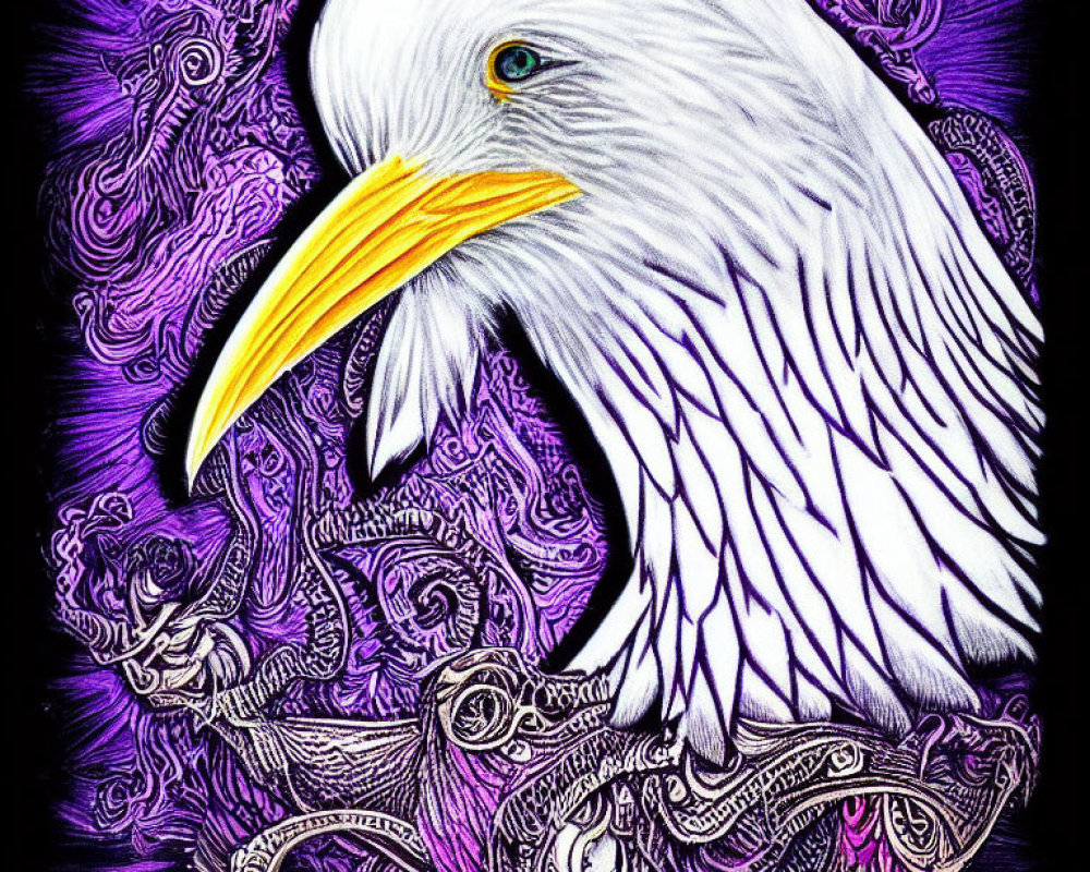 Detailed White Eagle Head Illustration on Purple Abstract Background