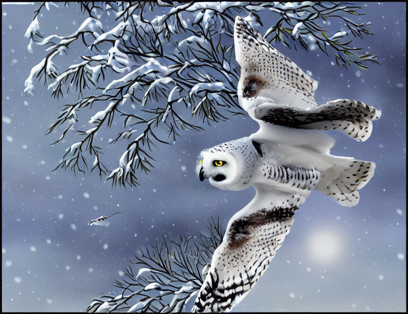 Snowy Owl Flying in Snowy Winter Scene