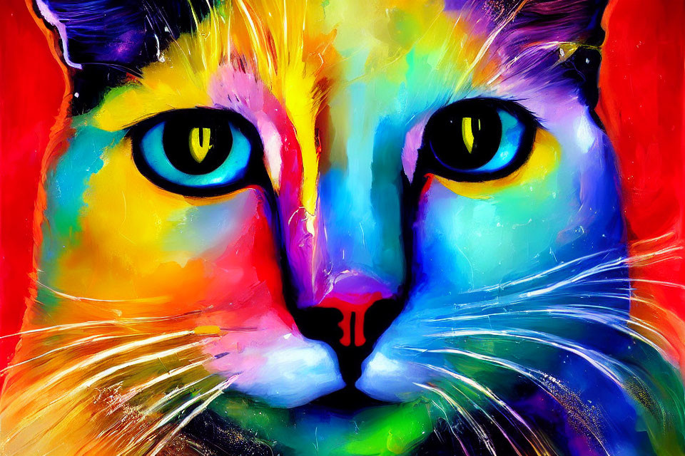 Colorful Abstract Cat Face Painting with Yellow Eyes and Vibrant Hues
