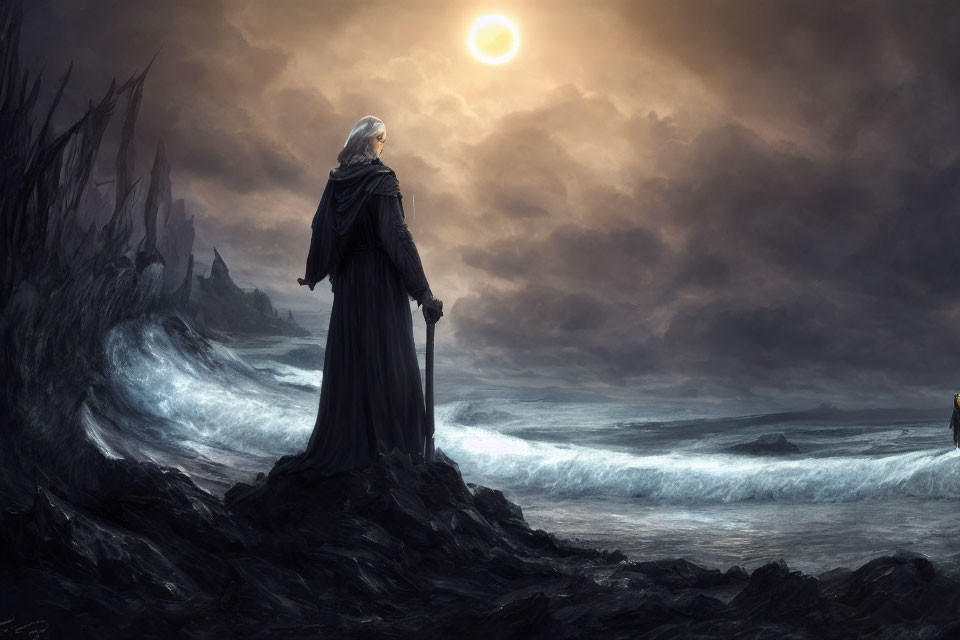 Cloaked figure on rocky shore gazes at turbulent sea under dramatic sky
