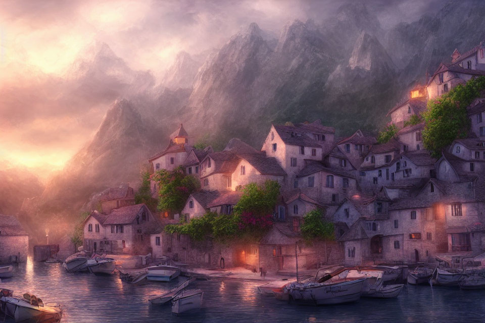 Scenic lakeside village at dusk with misty mountains, stone houses, and glowing windows