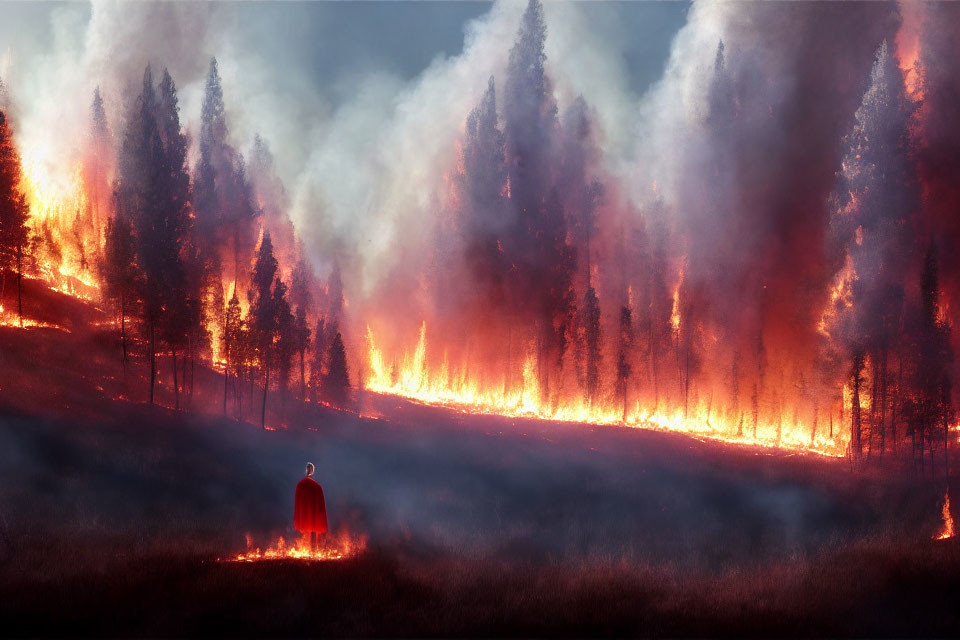 Forest wildfire: Trees consumed by flames, lone figure in red watches amidst smoke