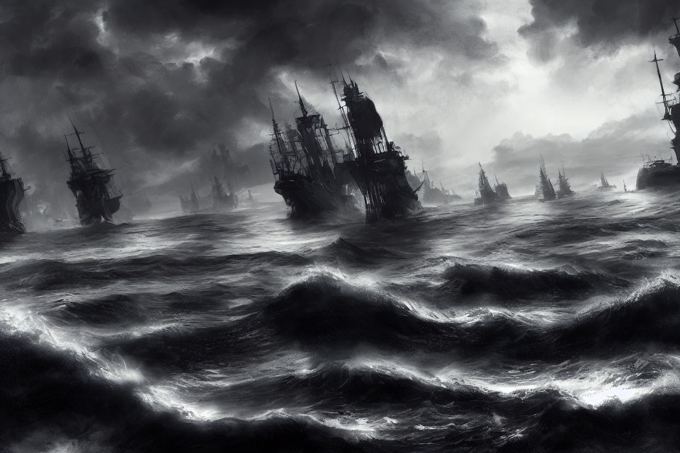 Monochrome image of galleon ships in stormy sea