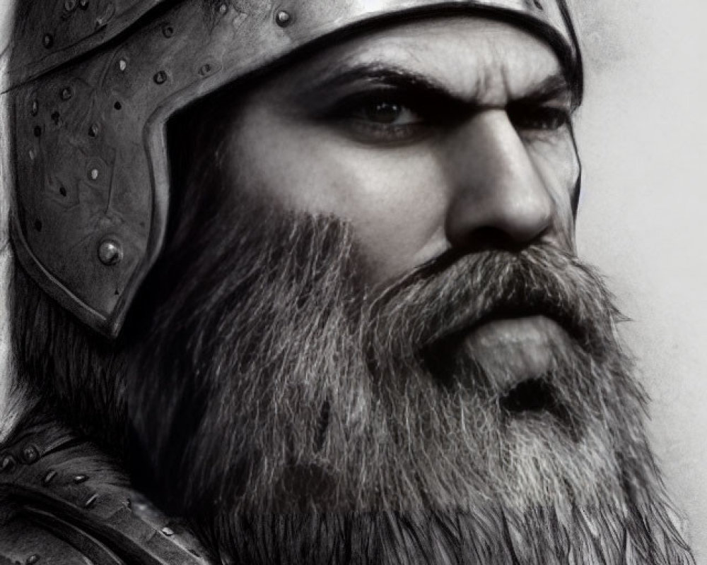 Monochrome bearded warrior in medieval/fantasy armor with intense gaze
