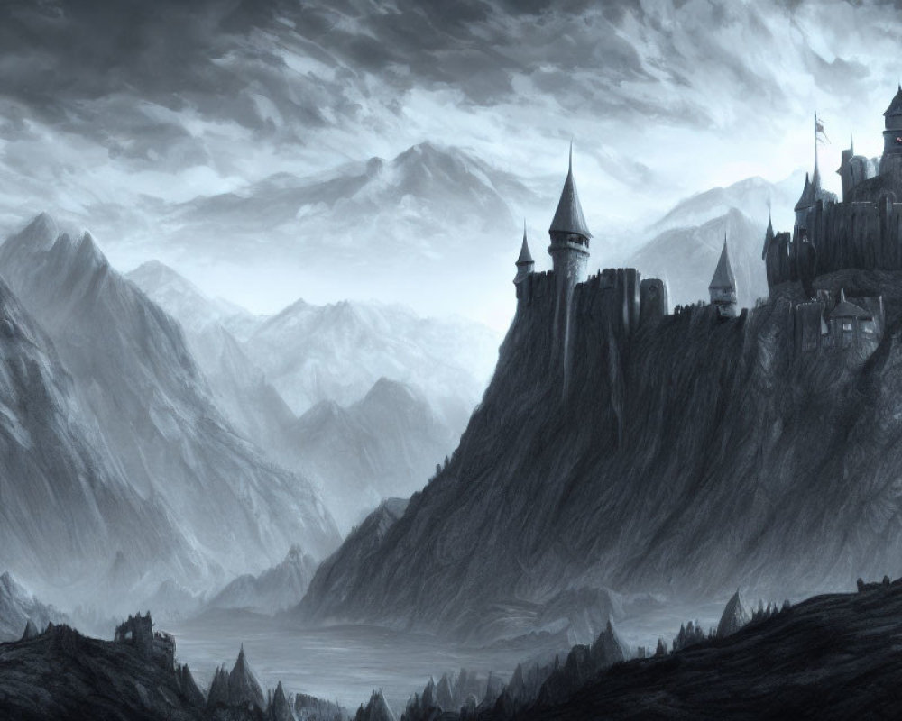 Monochrome fantasy landscape with majestic castle, cliffs, mountains, and river