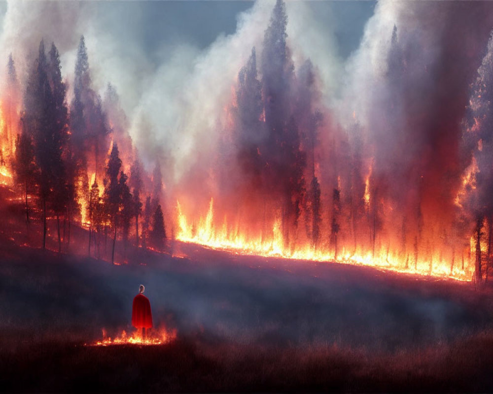 Forest wildfire: Trees consumed by flames, lone figure in red watches amidst smoke