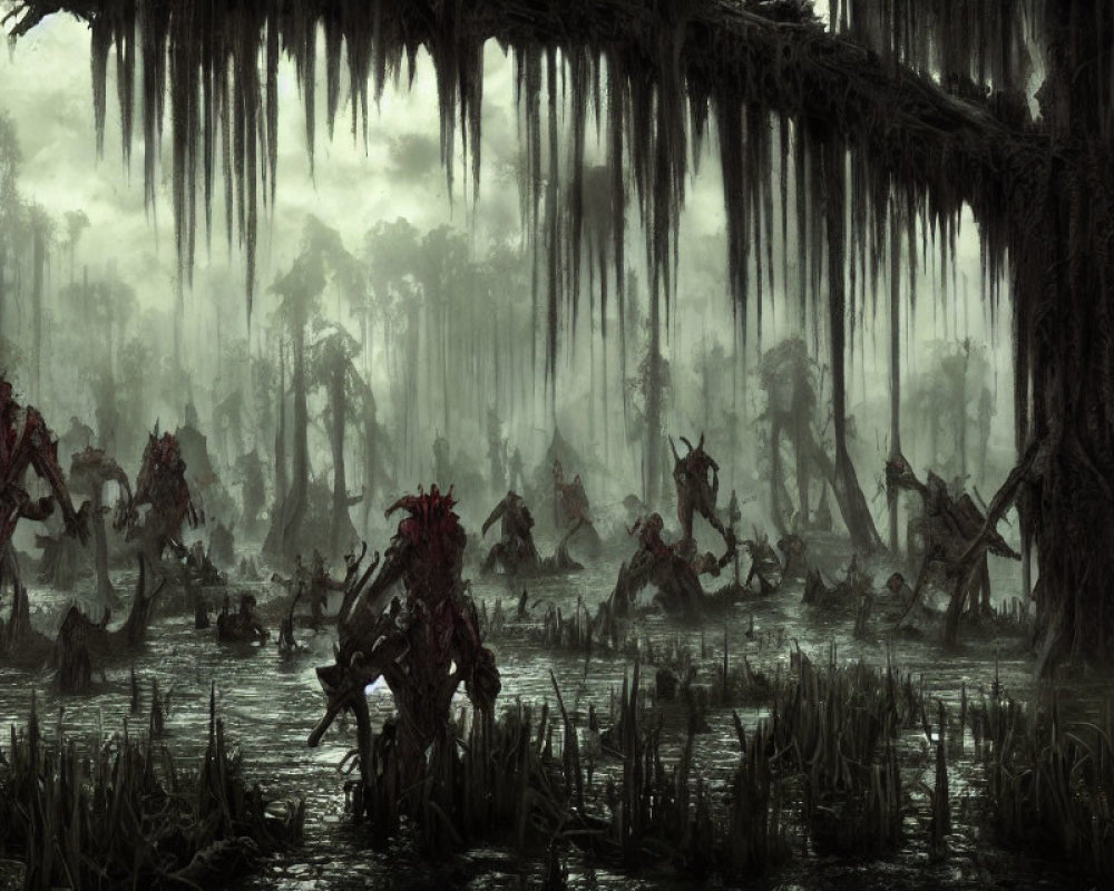 Eerie swamp scene with twisted trees and shadowy figures