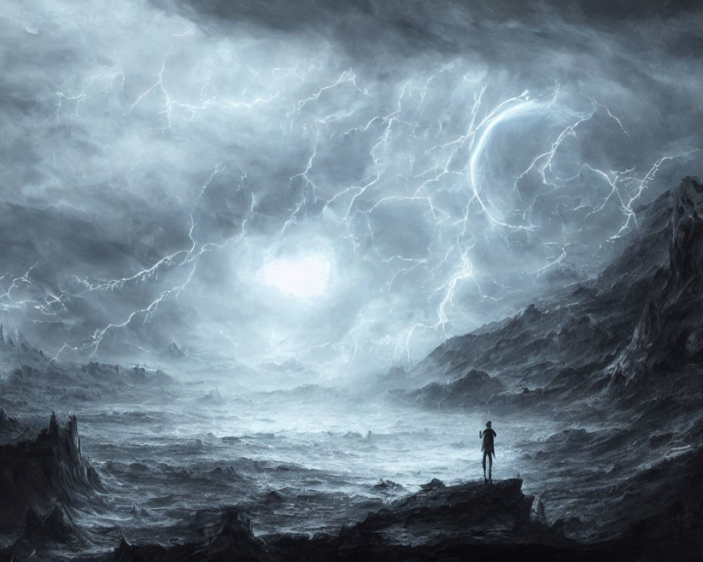 Figure on rocky outcrop gazes at stormy, lightning-filled landscape