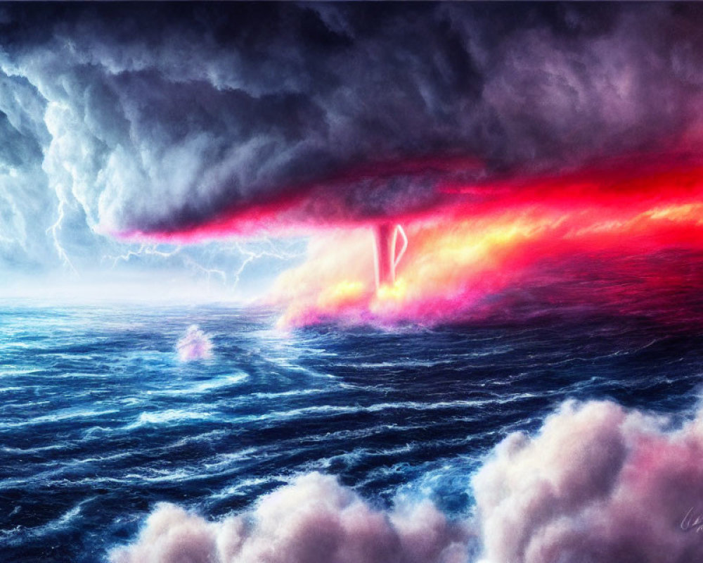 Vivid ocean scene with fiery red and cool blue colors and stormy atmosphere