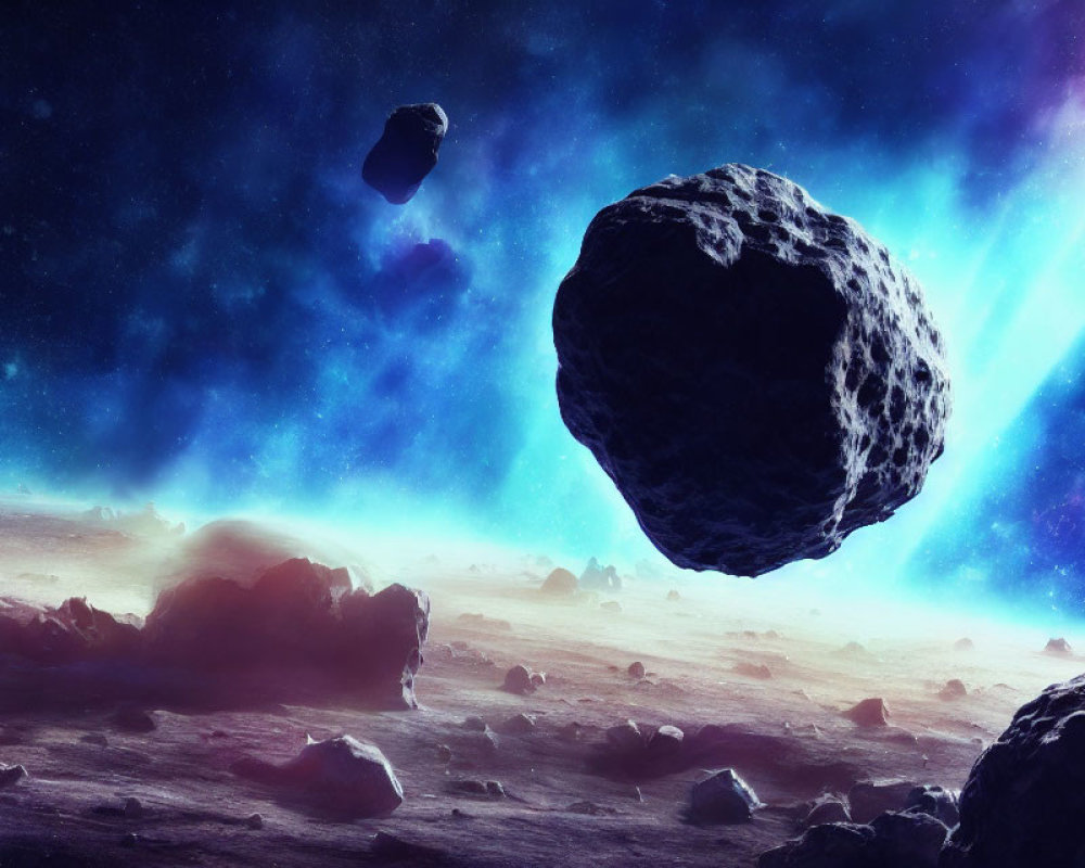 Digital artwork: Rocky alien landscape with floating asteroids under starry sky & cosmic light