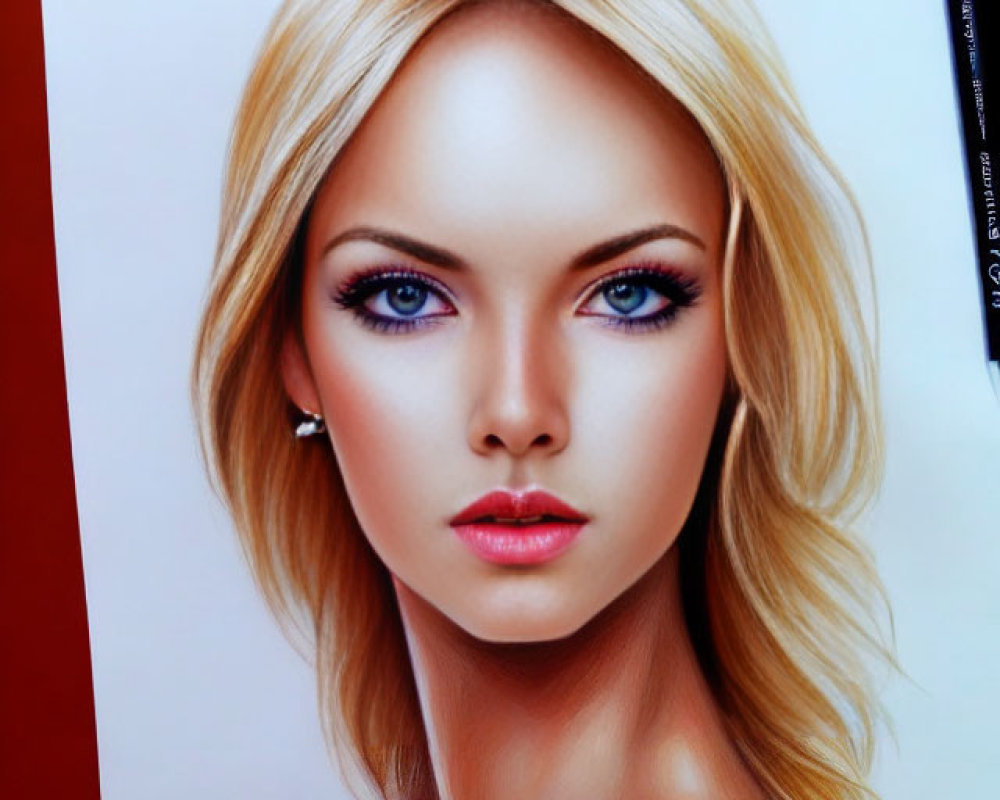 Hyper-realistic portrait of woman with blonde hair and blue eyes on red background surrounded by colored pencils