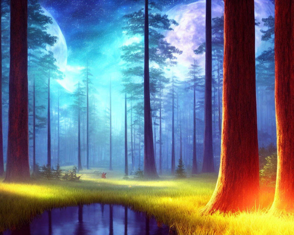 Twilight fantasy forest with towering trees and serene river