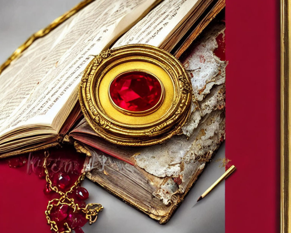 Opulent ruby and gold pendant on antique book with crimson backdrop