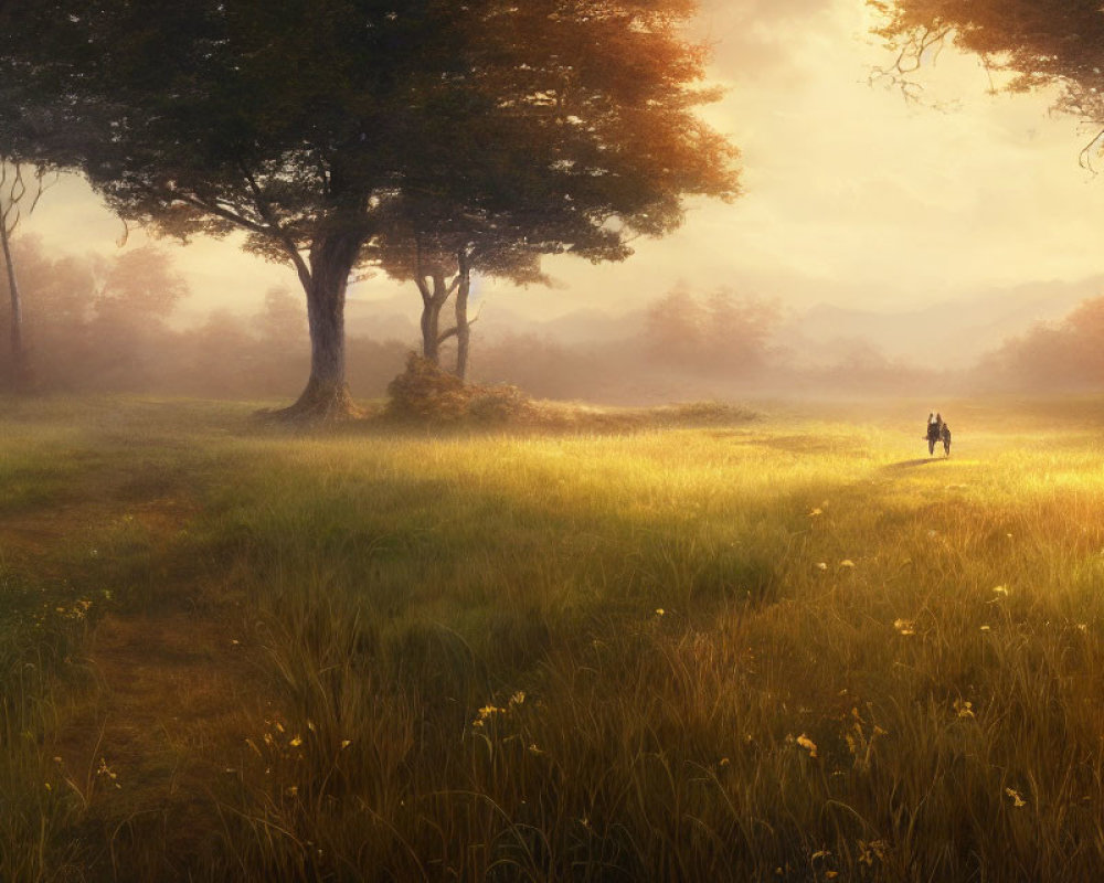 Tranquil sunset landscape with person walking in meadow