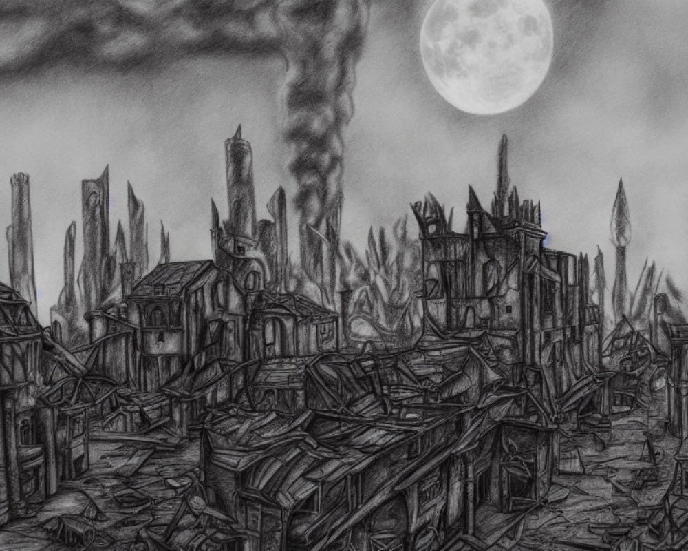 Dystopian cityscape pencil drawing: night scene with dilapidated buildings and full moon.
