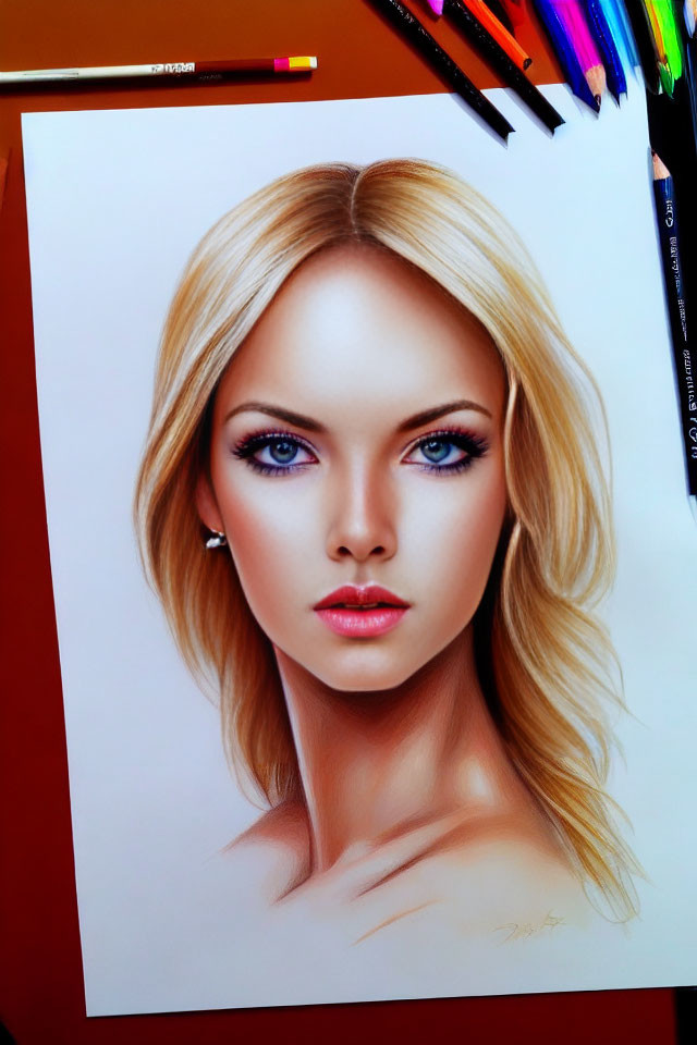 Hyper-realistic portrait of woman with blonde hair and blue eyes on red background surrounded by colored pencils