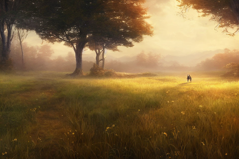 Tranquil sunset landscape with person walking in meadow