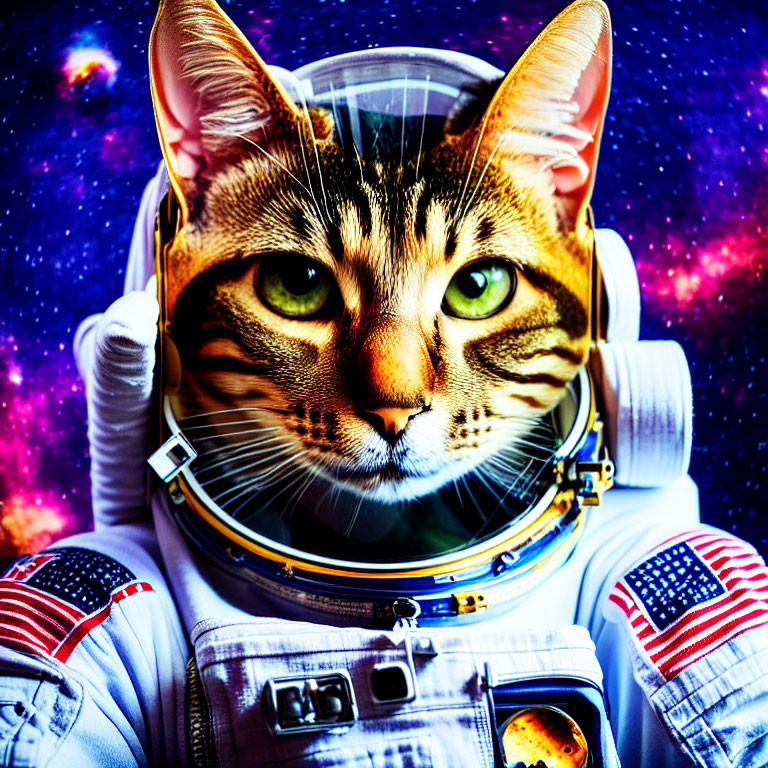 Cat in Spacesuit with Helmet Against Colorful Space Background