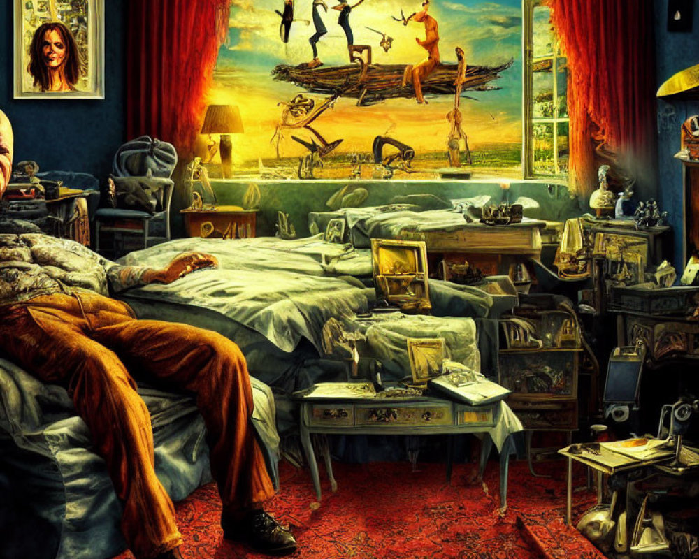 Cluttered room with children's painting and legs on bed