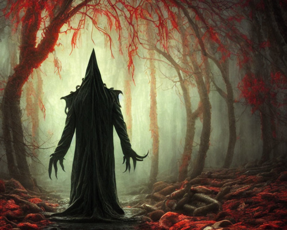Cloaked Figure in Dark Forest with Red Leaves and Misty Background