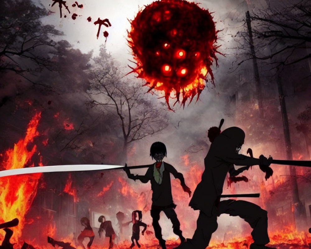 Silhouetted figures duel with swords in fiery landscape with menacing red-eyed entity