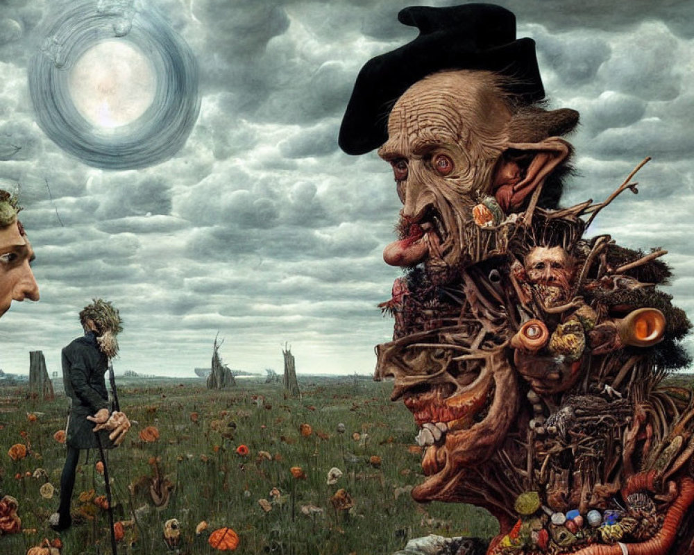 Surreal artwork featuring three unique figures in a field