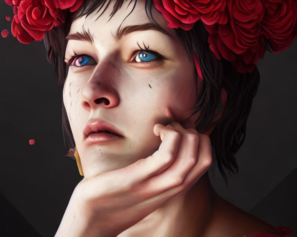 Digital portrait of person with red rose crown and blue eyes