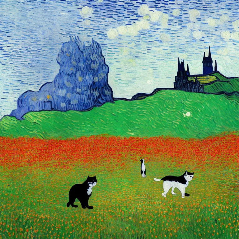 Three cats in red flower field with castle on horizon
