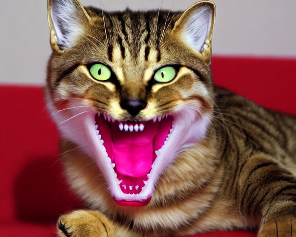 Tabby cat with oversized mouth and sharp teeth on red backdrop
